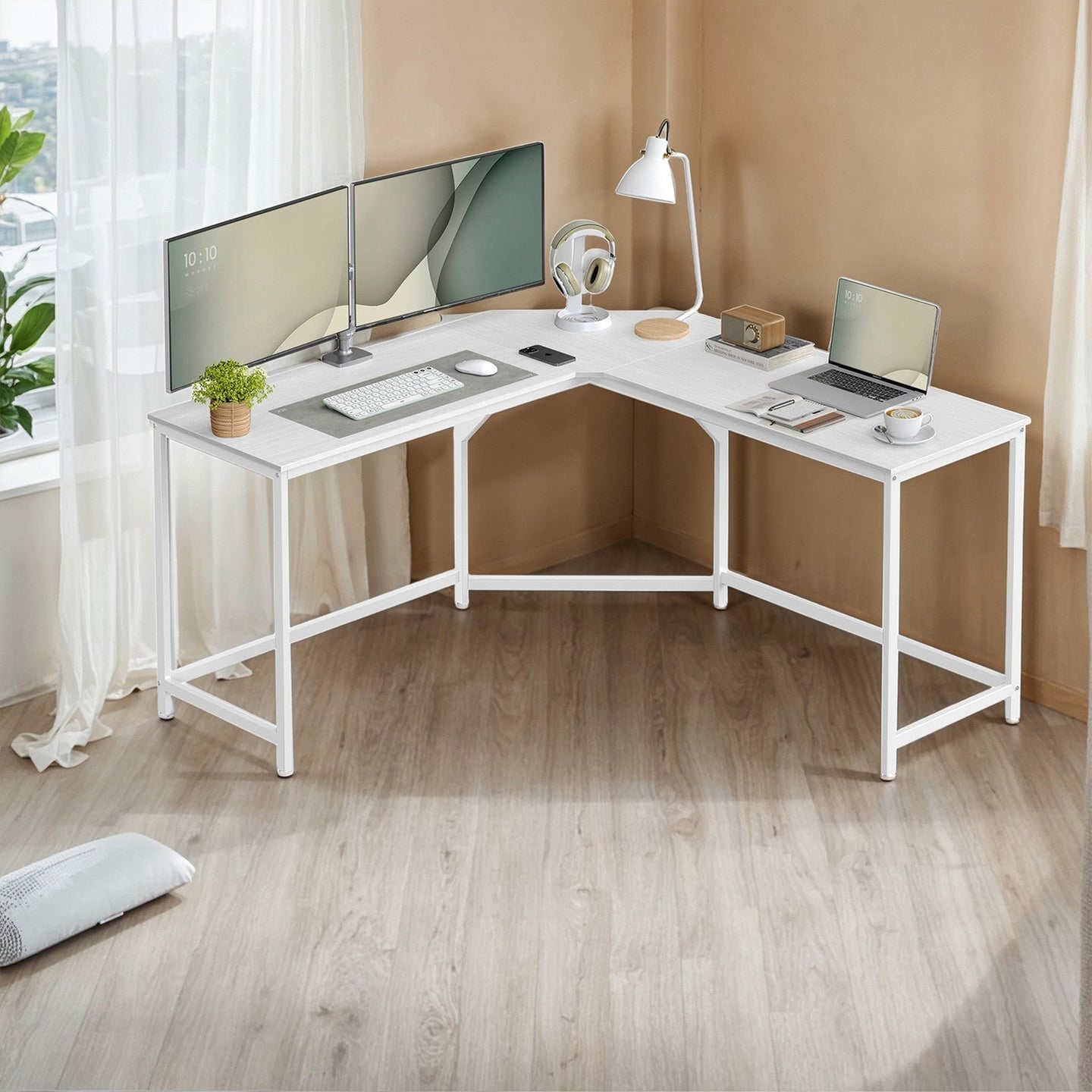 L-Shaped Corner Desk - Wood - Greige and Black
