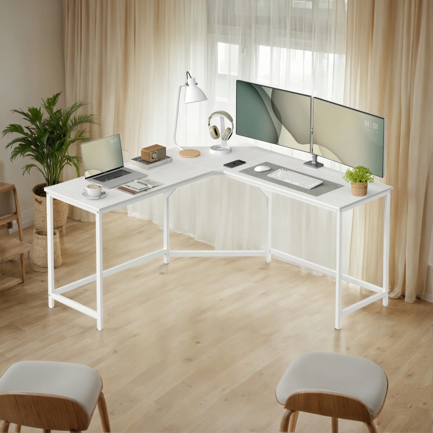 L-Shaped Corner Desk - Wood - Greige and Black