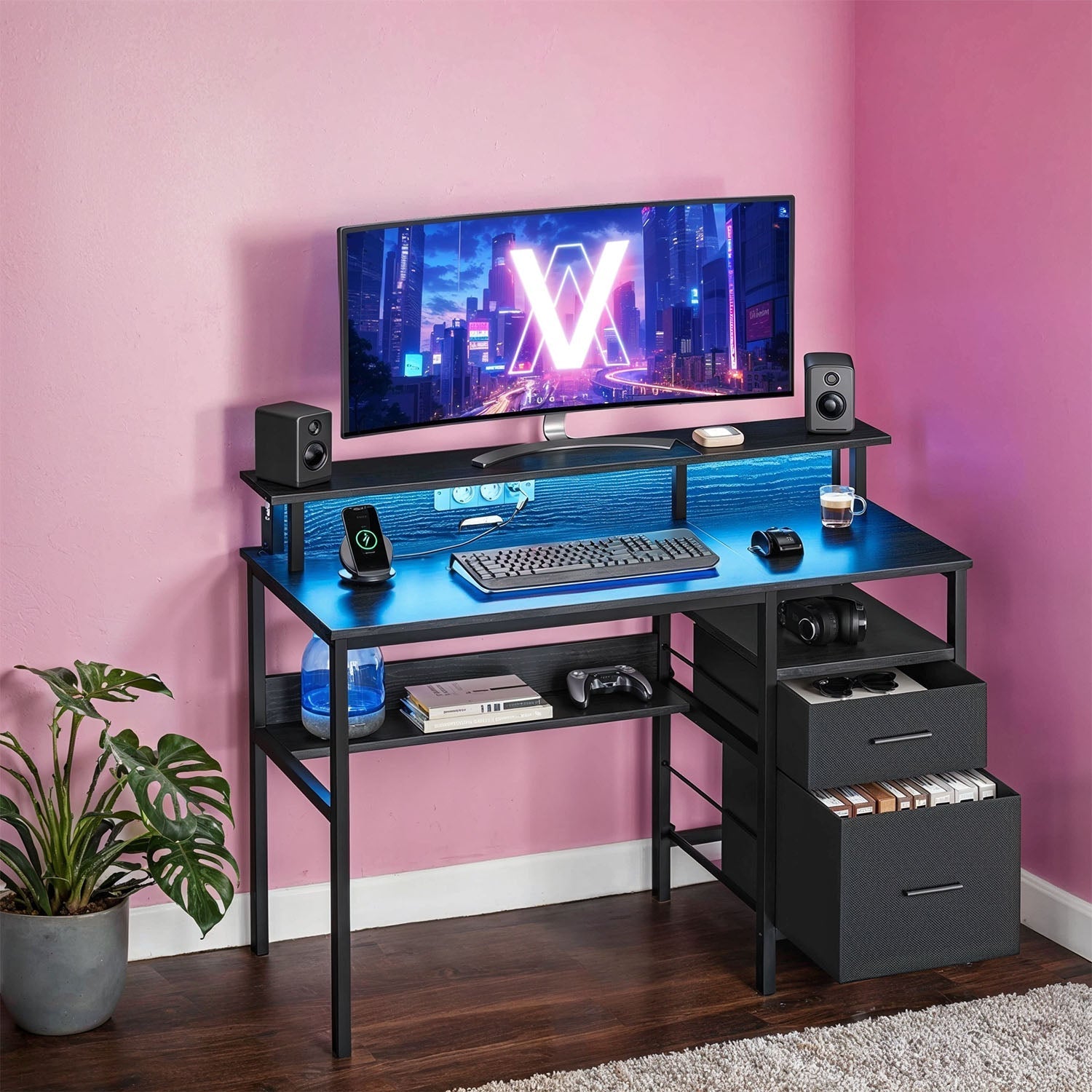 Gaming Corner Desk - MDF - Ebony Black - Built-In Power Outlets and LED Lights