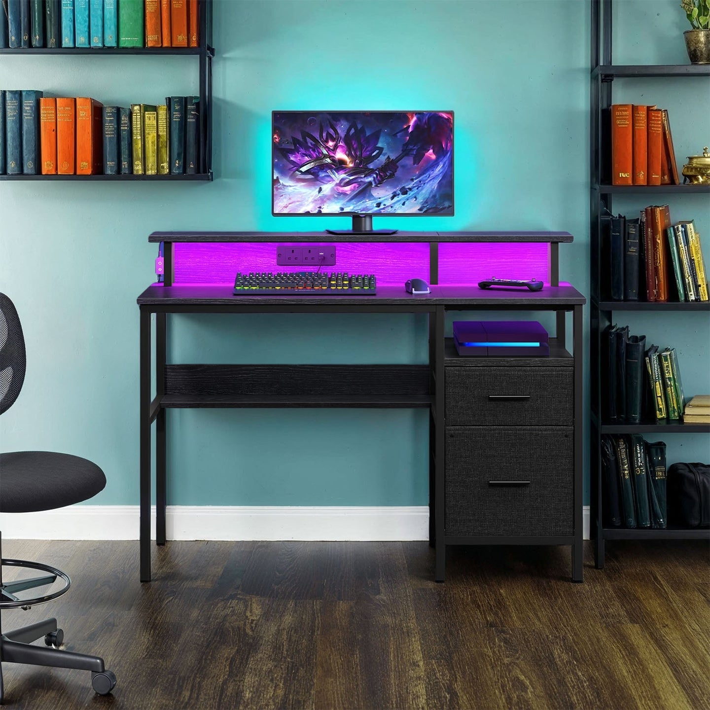 Gaming Corner Desk - MDF - Ebony Black - Built-In Power Outlets and LED Lights