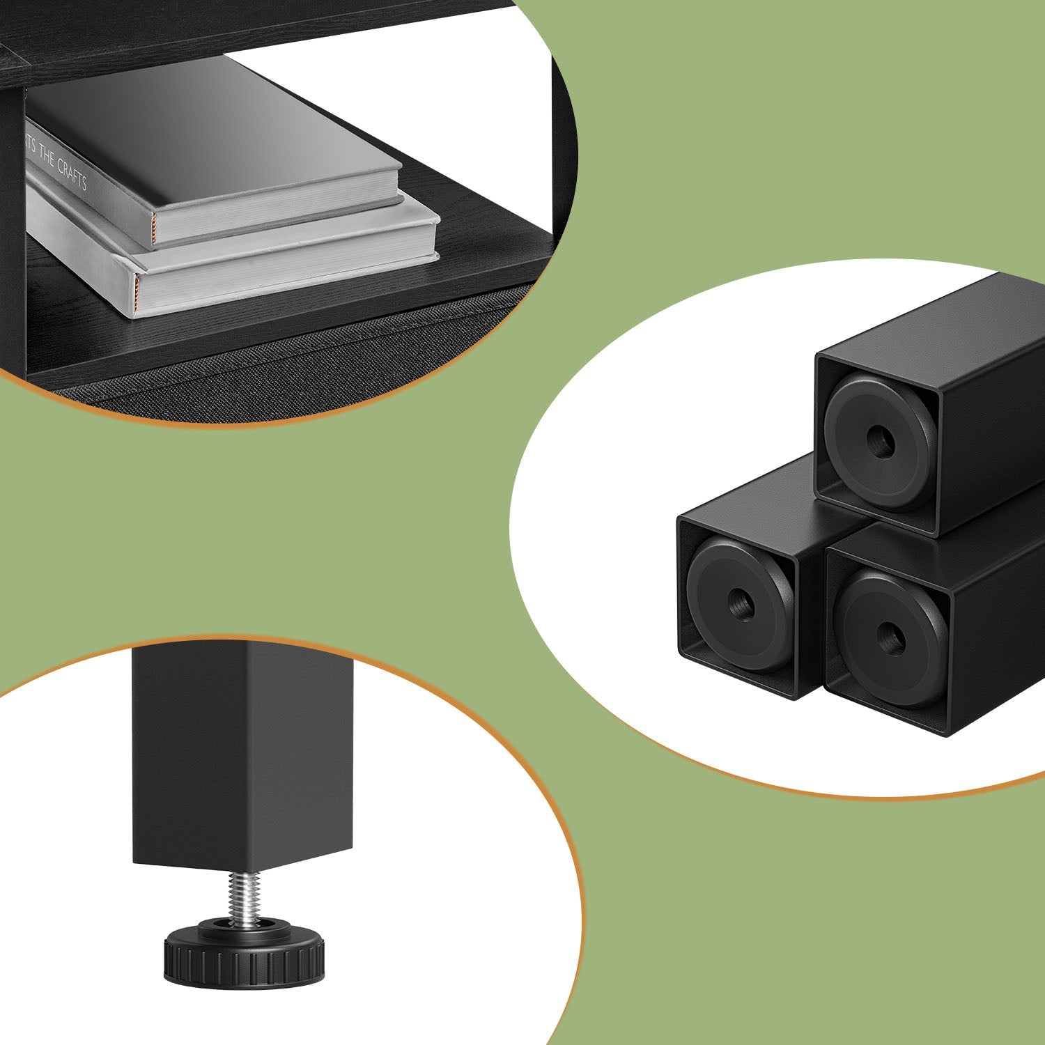 Gaming Corner Desk - MDF - Ebony Black - Built-In Power Outlets and LED Lights