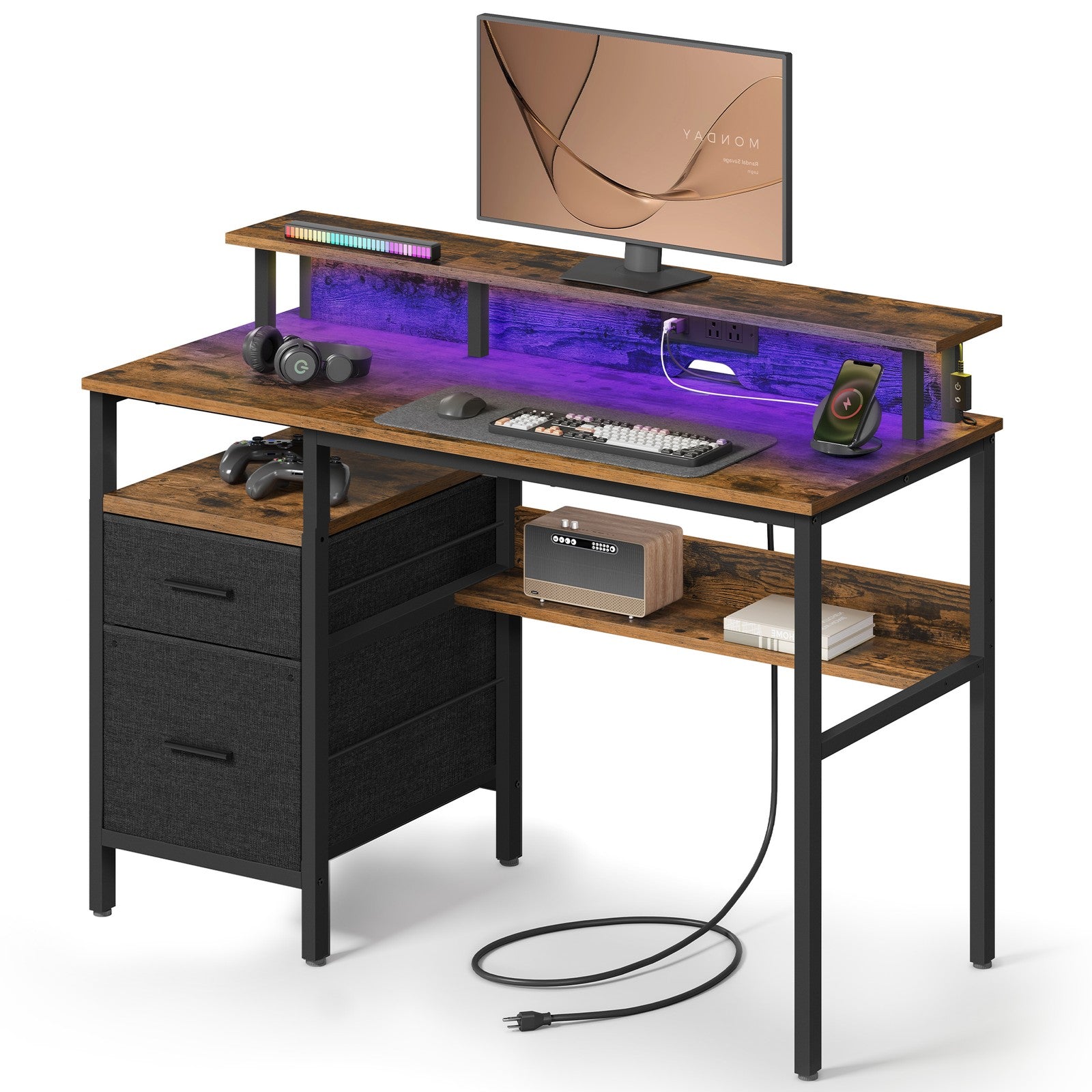 Computer Desk - Wood - Ebony Black - Built-In Power Outlets with Monitor Stand and LED Lighting