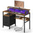 Computer Desk - Wood - Ebony Black - Built-In Power Outlets with Monitor Stand and LED Lighting