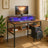 Computer Desk - Wood - Ebony Black - Built-In Power Outlets with Monitor Stand and LED Lighting