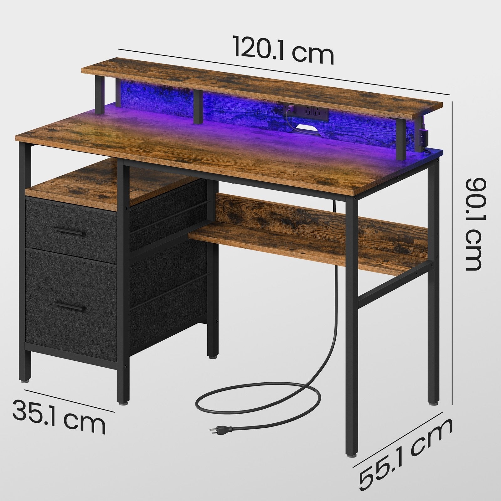 Computer Desk - Wood - Ebony Black - Built-In Power Outlets with Monitor Stand and LED Lighting
