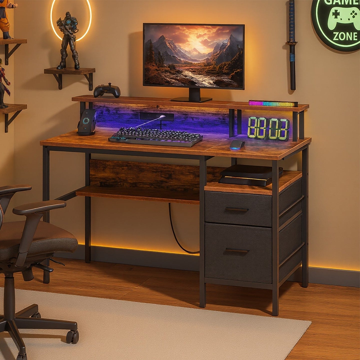 Computer Desk - Wood - Ebony Black - Built-In Power Outlets with Monitor Stand and LED Lighting