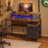 Computer Desk - Wood - Ebony Black - Built-In Power Outlets with Monitor Stand and LED Lighting