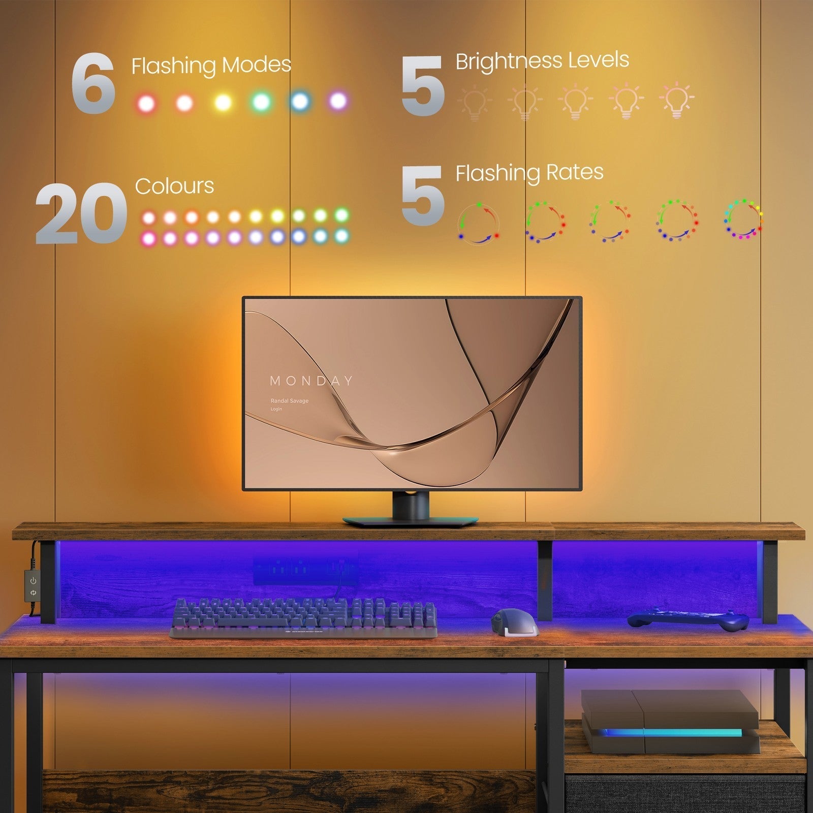 Computer Desk - Wood - Ebony Black - Built-In Power Outlets with Monitor Stand and LED Lighting