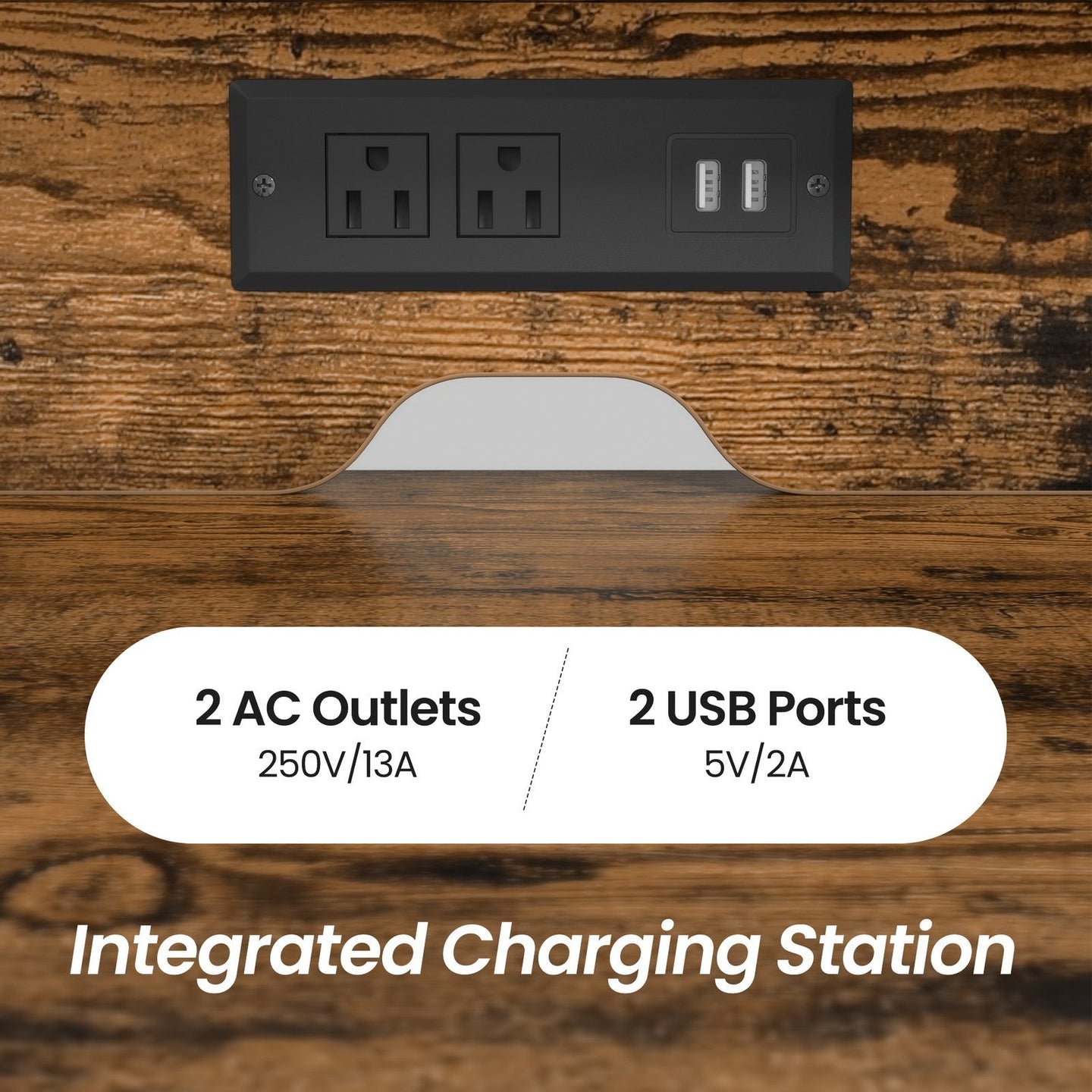 Computer Desk - Wood - Ebony Black - Built-In Power Outlets with Monitor Stand and LED Lighting