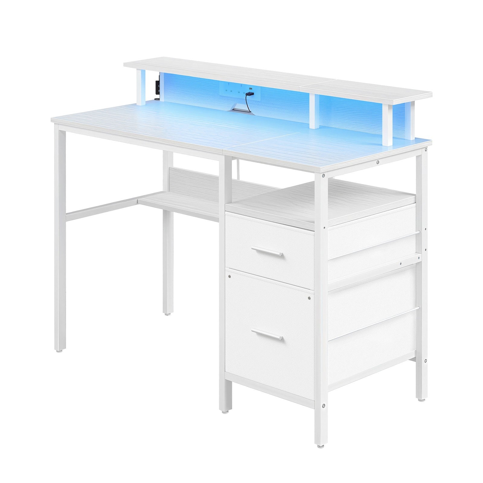 Computer Desk - Wood - Ebony Black - Built-In Power Outlets with Monitor Stand and LED Lighting