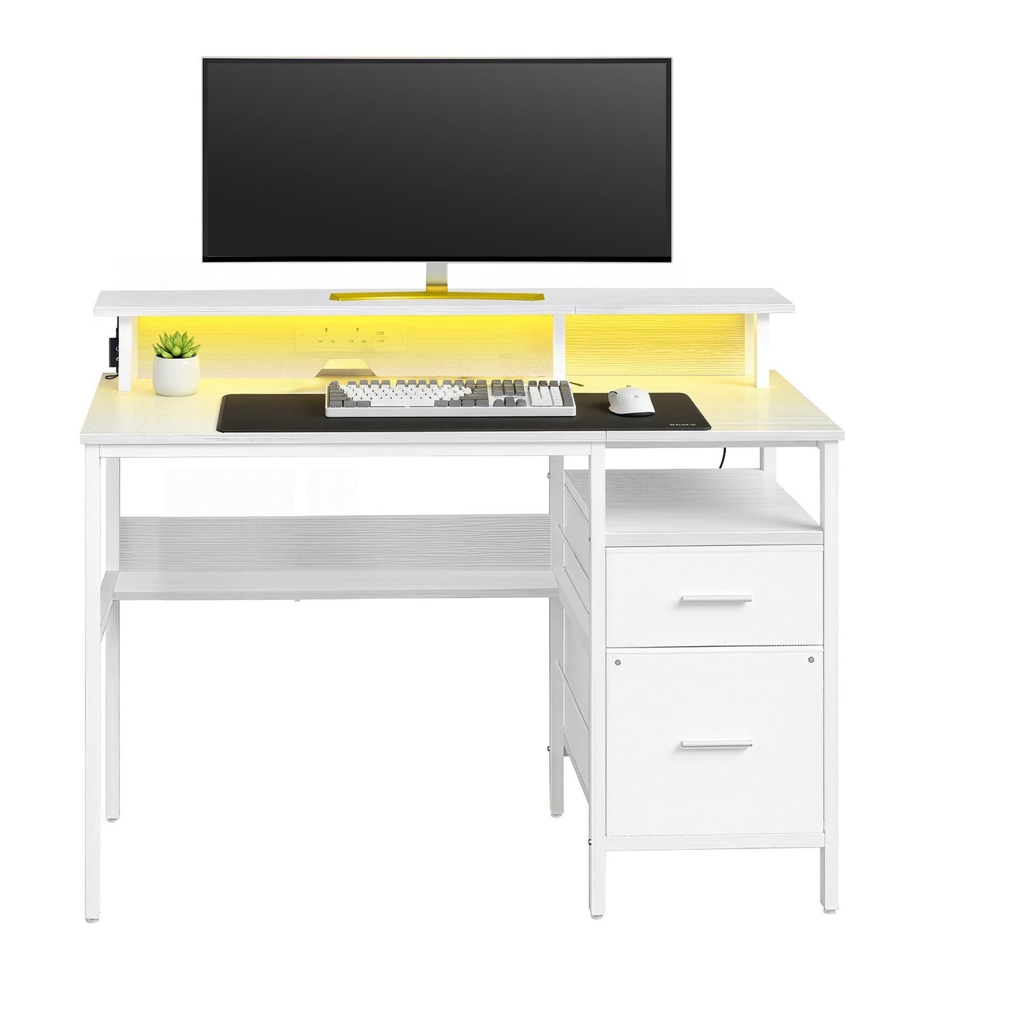 Computer Desk - Wood - Ebony Black - Built-In Power Outlets with Monitor Stand and LED Lighting