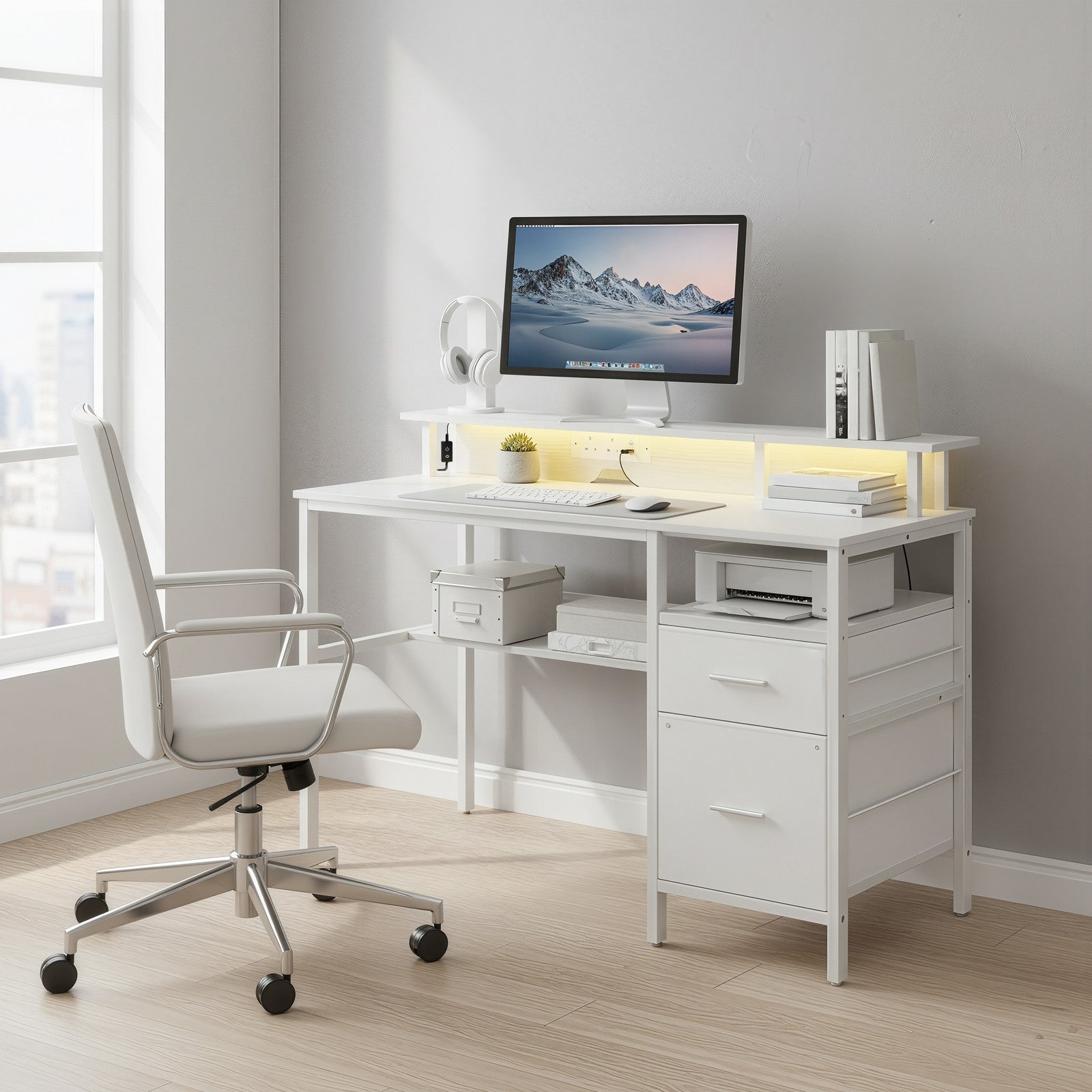 Computer Desk - Wood - Ebony Black - Built-In Power Outlets with Monitor Stand and LED Lighting