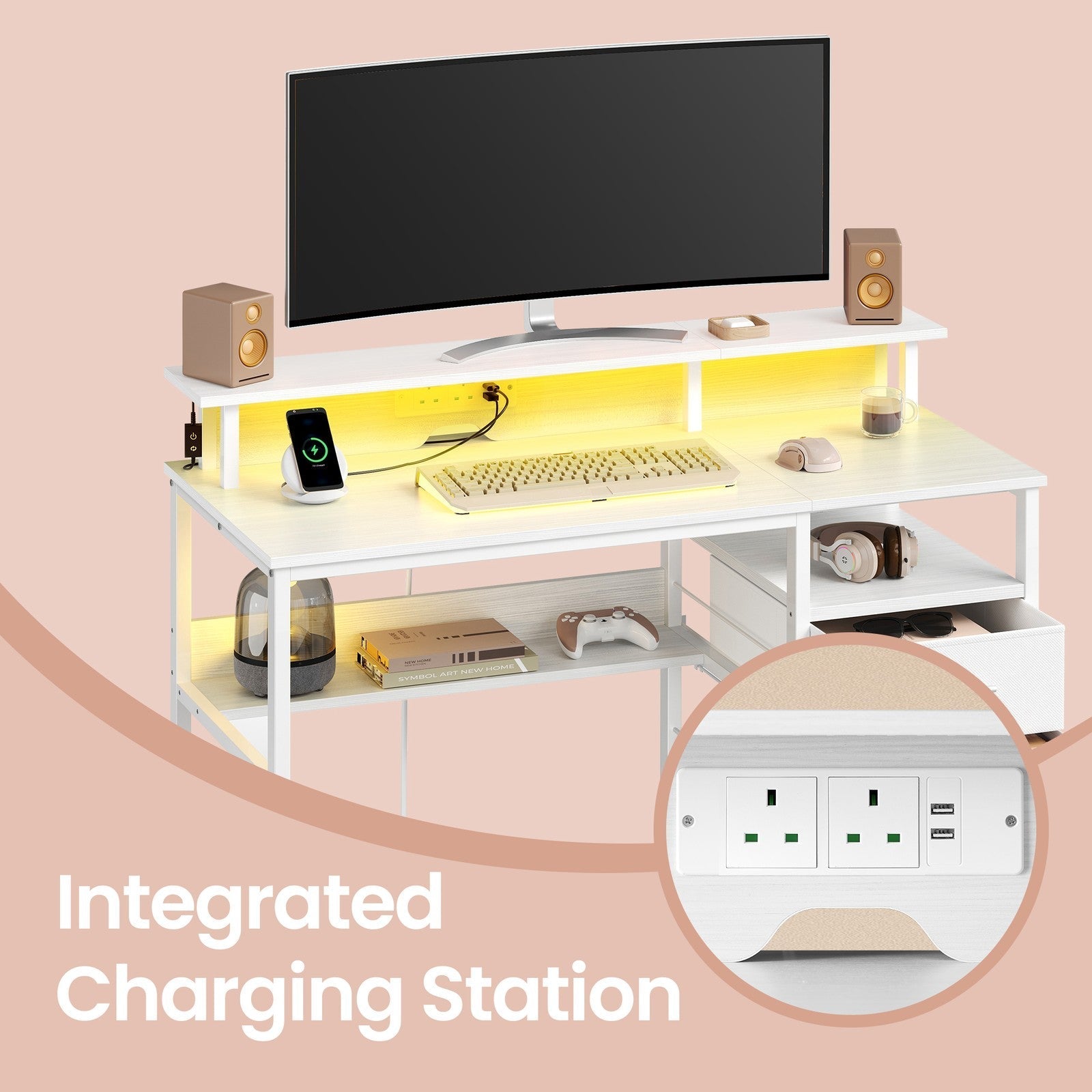Computer Desk - Wood - Ebony Black - Built-In Power Outlets with Monitor Stand and LED Lighting