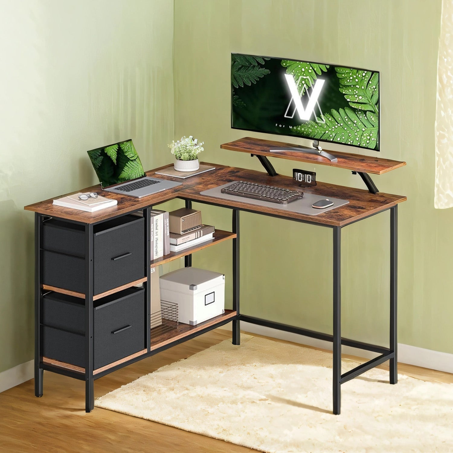 Corner Computer Desk - Wood - Brown - L-Shaped with Monitor Stand and Adjustable Shelf