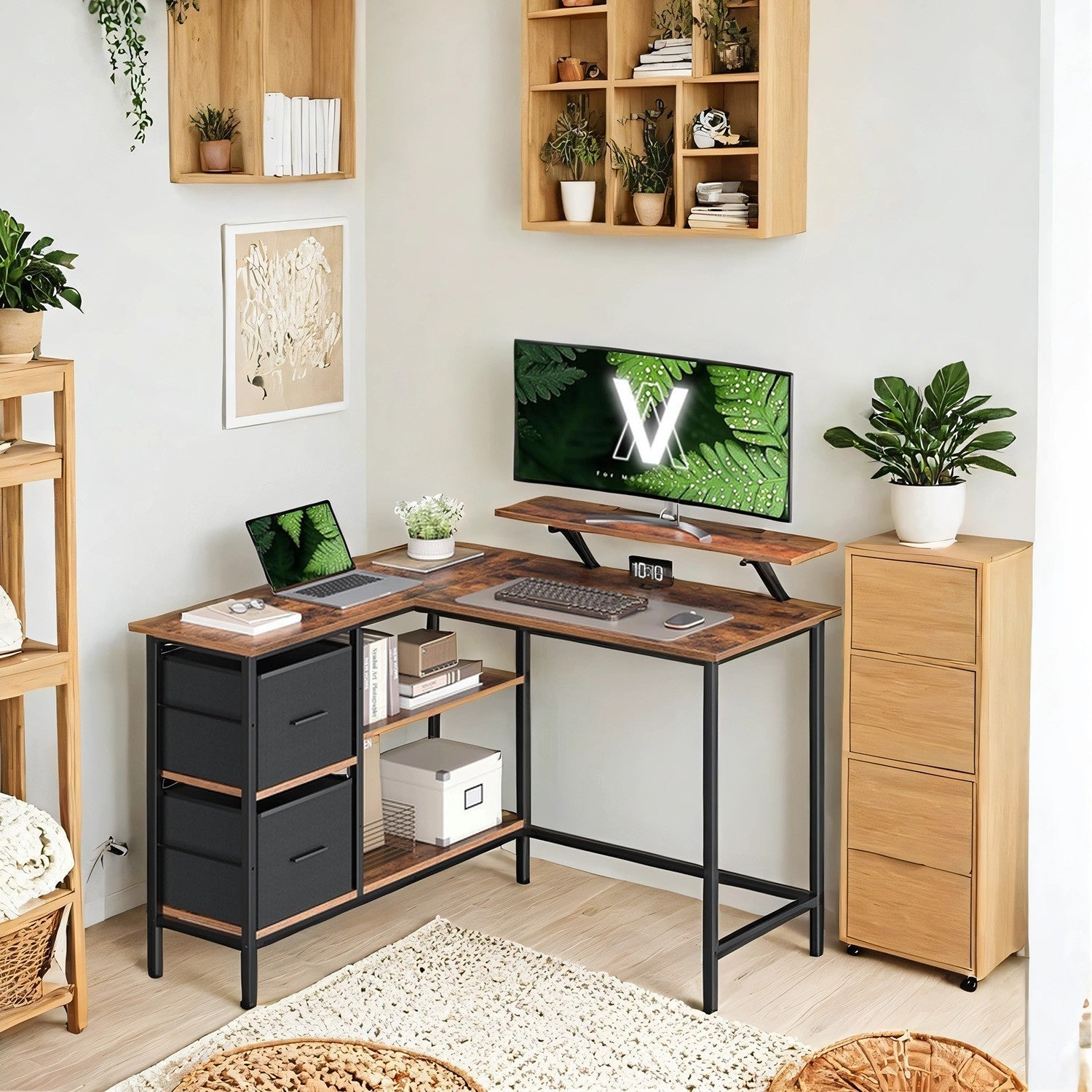 Corner Computer Desk - Wood - Brown - L-Shaped with Monitor Stand and Adjustable Shelf