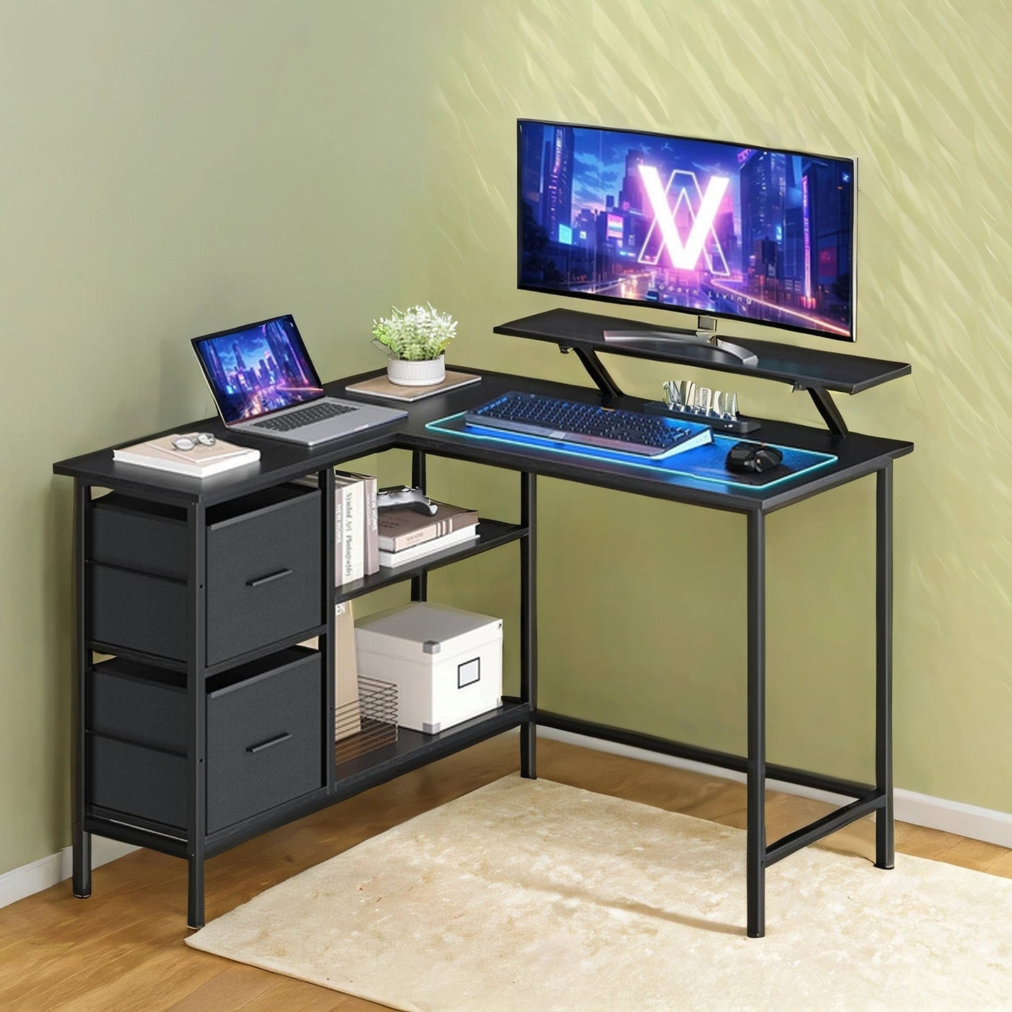 Corner Computer Desk - Wood - Black - L-Shaped with Adjustable Shelf and 2 Drawers