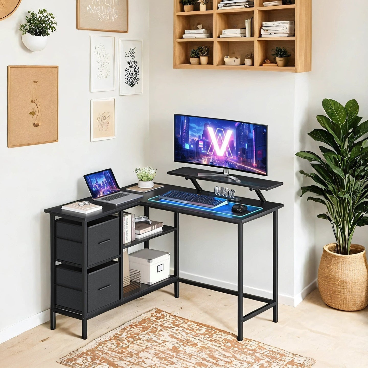 Corner Computer Desk - Wood - Black - L-Shaped with Adjustable Shelf and 2 Drawers