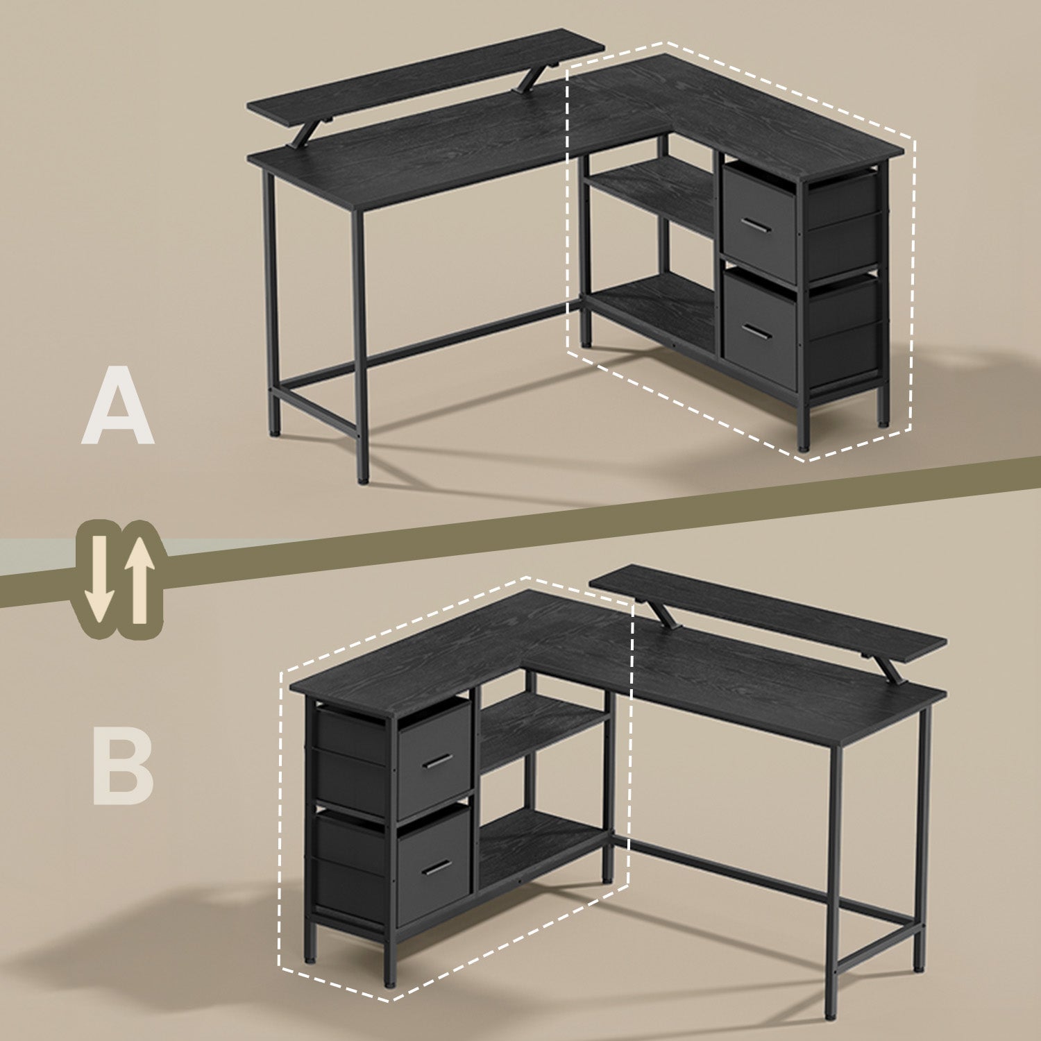 Corner Computer Desk - Wood - Black - L-Shaped with Adjustable Shelf and 2 Drawers