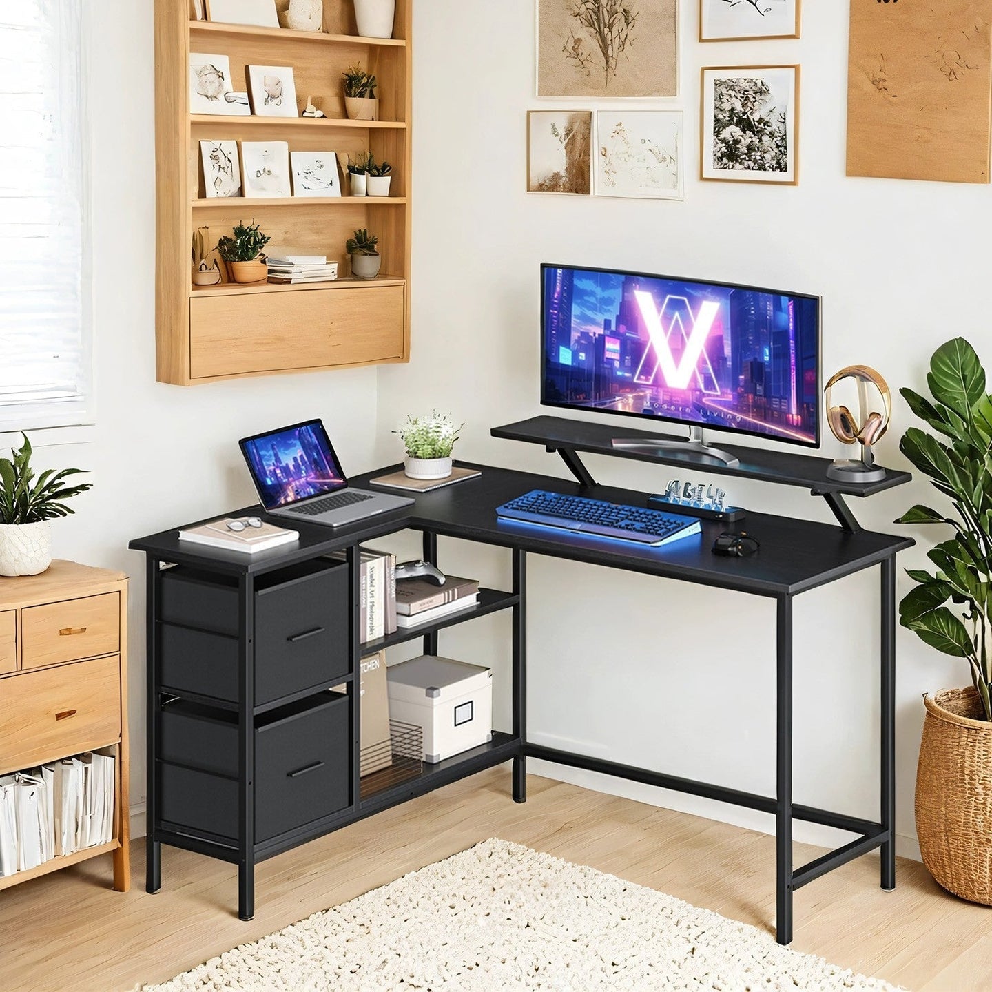 L-Shaped Gaming Desk - Wood - Black - Features Monitor Stand