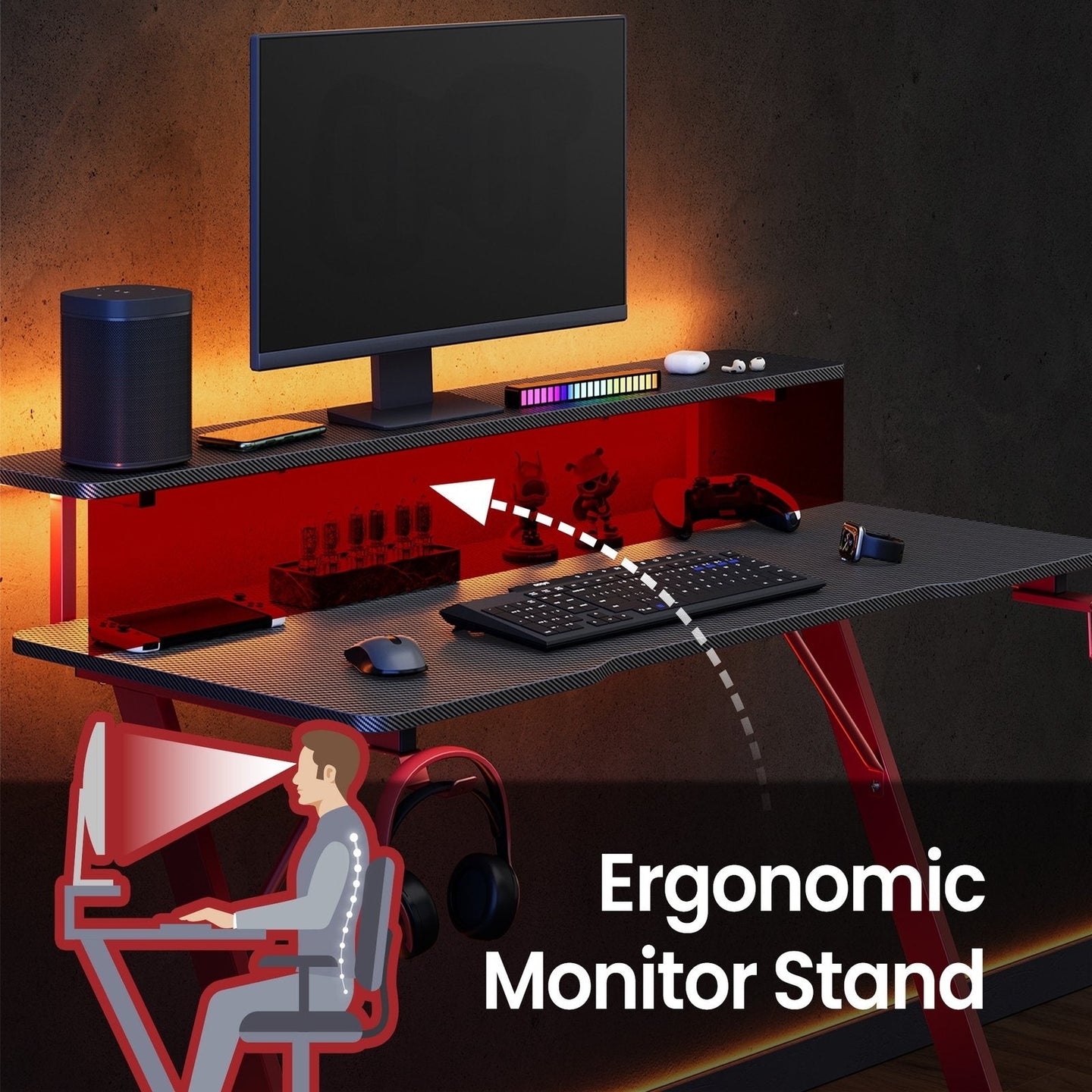 Gaming Desk - 120L - Particleboard - Monitor Stand