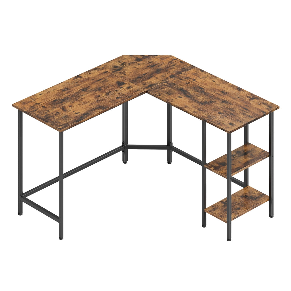 L-Shaped Writing Desk, 2 Storage Shelves - Wood and Steel - Brown