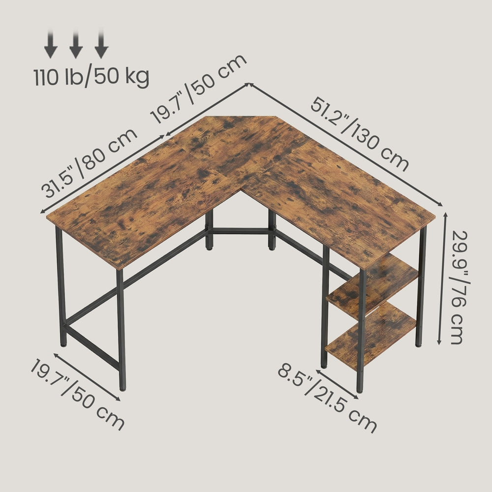 L-Shaped Writing Desk, 2 Storage Shelves - Wood and Steel - Brown