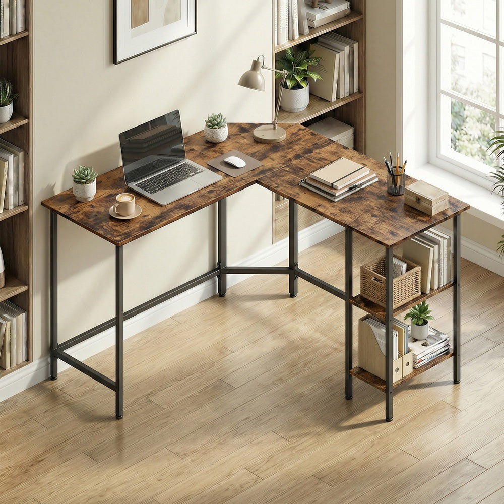L-Shaped Writing Desk, 2 Storage Shelves - Wood and Steel - Brown
