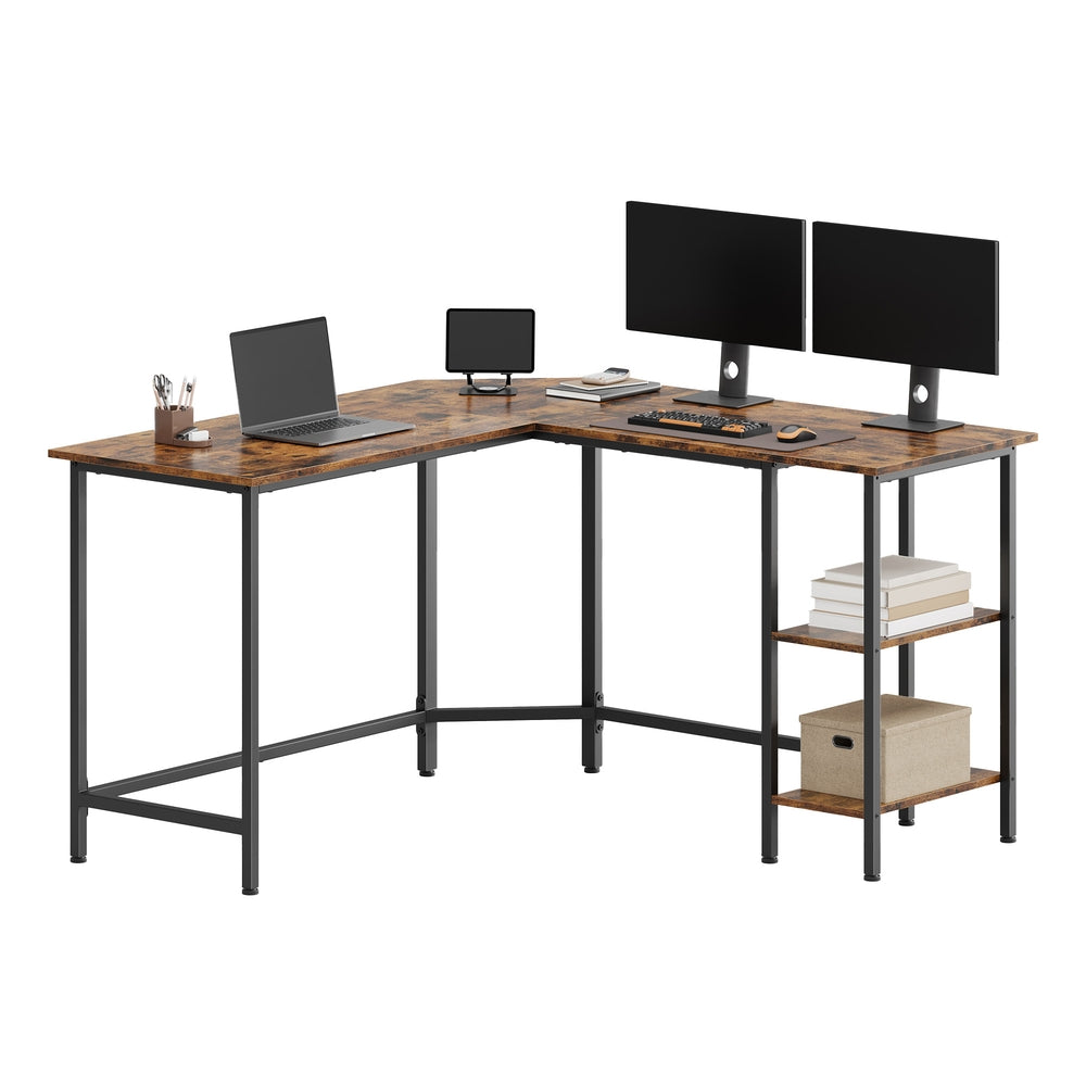 L-Shaped Writing Desk, 2 Storage Shelves - Wood and Steel - Brown