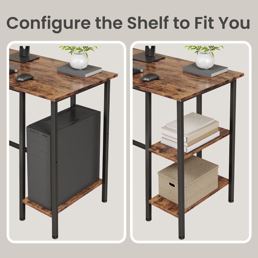 L-Shaped Writing Desk, 2 Storage Shelves - Wood and Steel - Brown