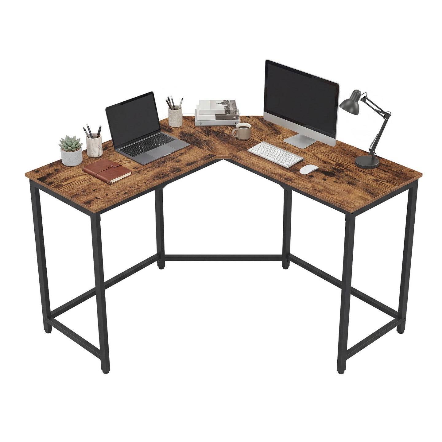 L-Shaped Office Desk - Wood and Steel - Brown