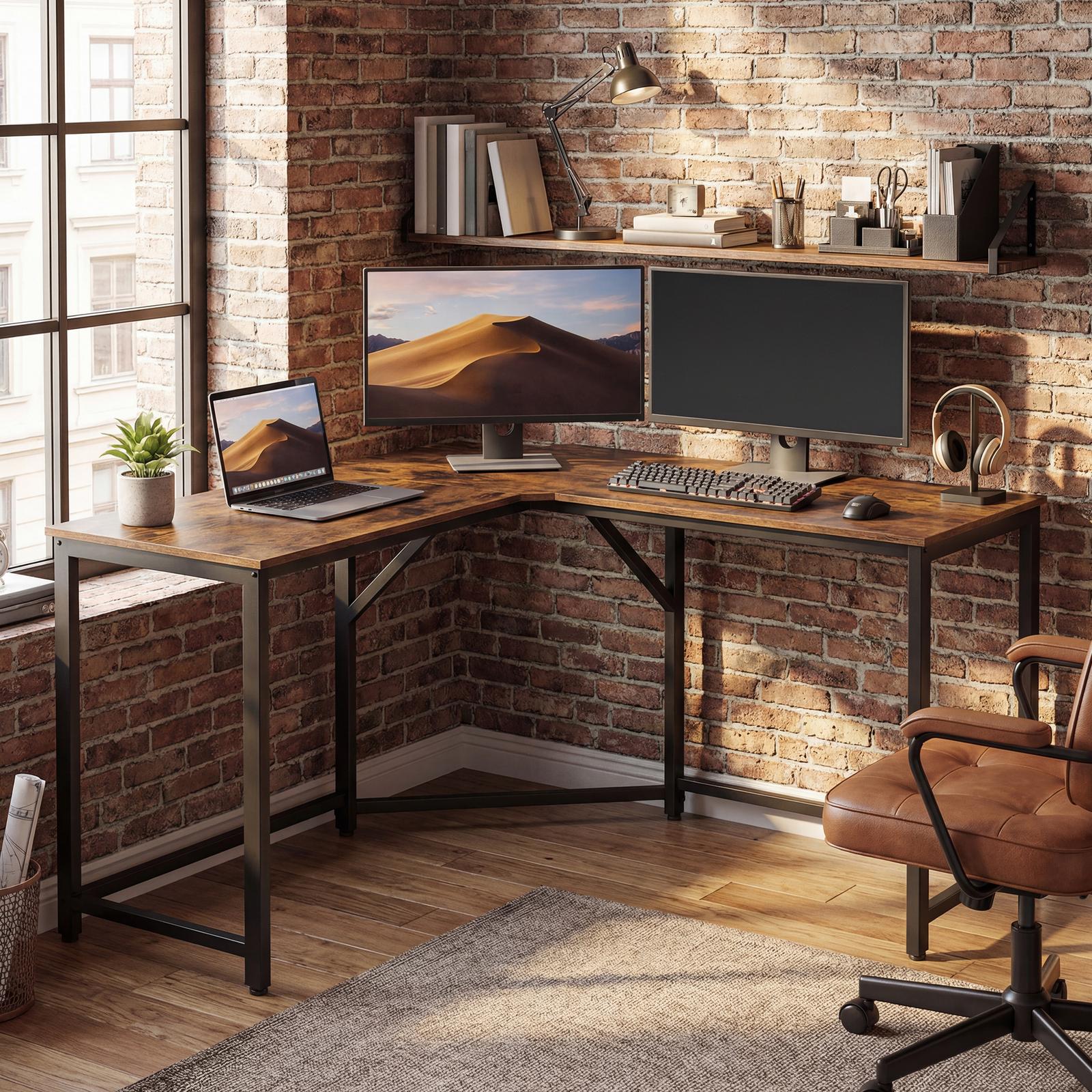 L-Shaped Office Desk - Wood and Steel - Brown