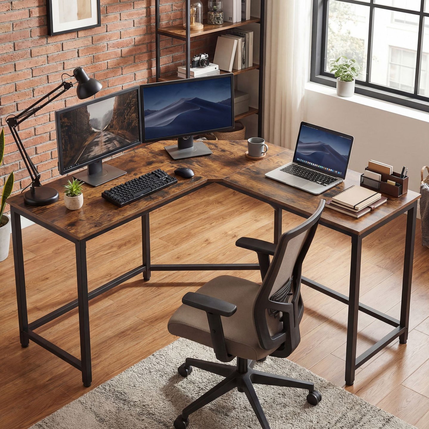 L-Shaped Office Desk - Wood and Steel - Brown