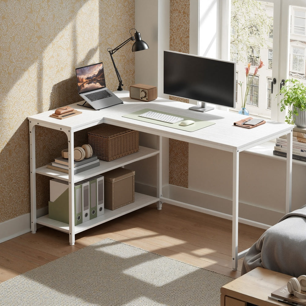 L Shaped Corner Computer Desk - 110L - Particleboard - Adjustable Storage Shelves
