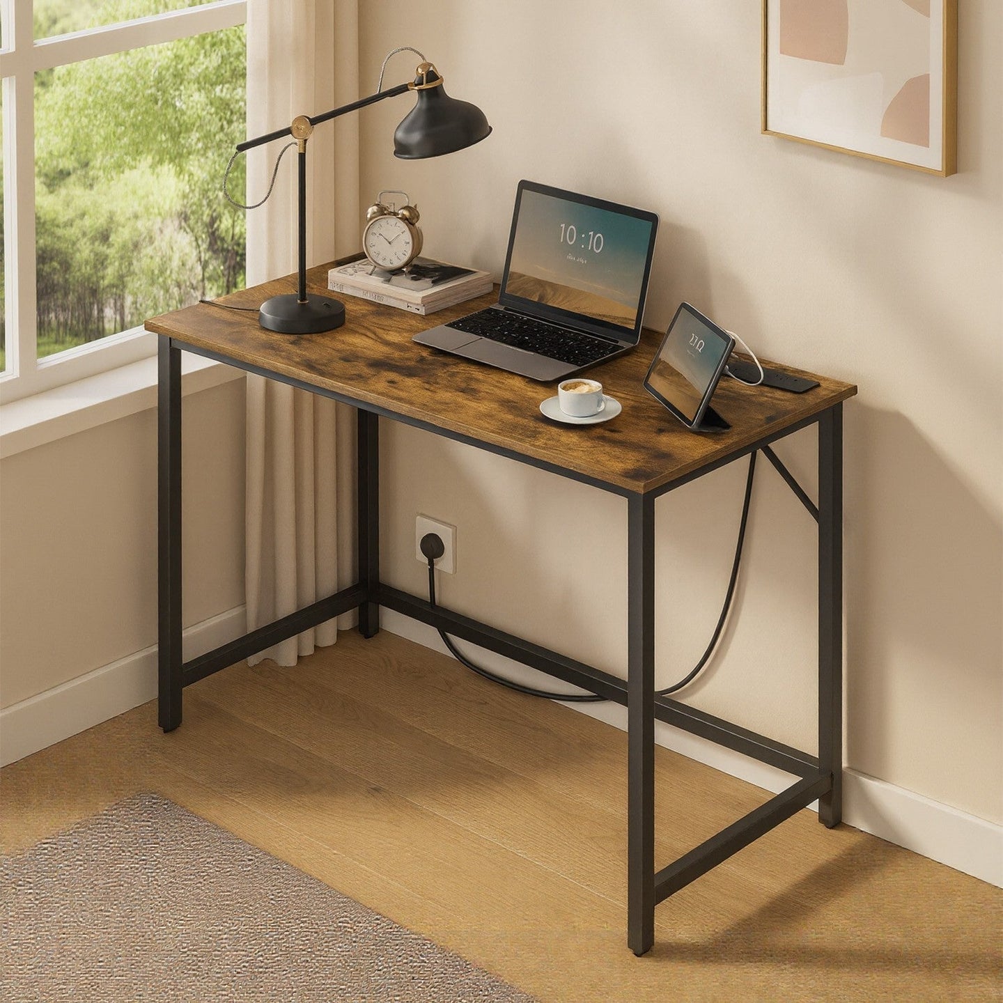 Gaming Desk - Wood - Black - LED Lighting and Built-in Power Outlets