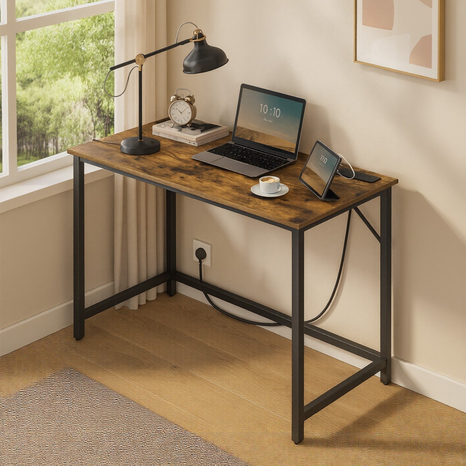 Gaming Desk - Wood - Black - LED Lighting and Built-in Power Outlets