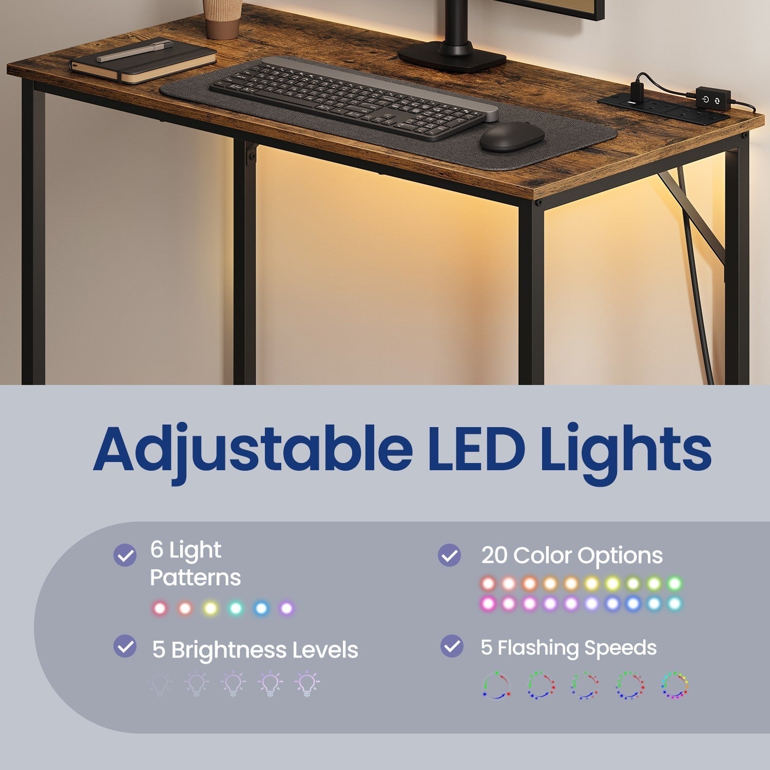 Gaming Desk - Wood - Black - LED Lighting and Built-in Power Outlets
