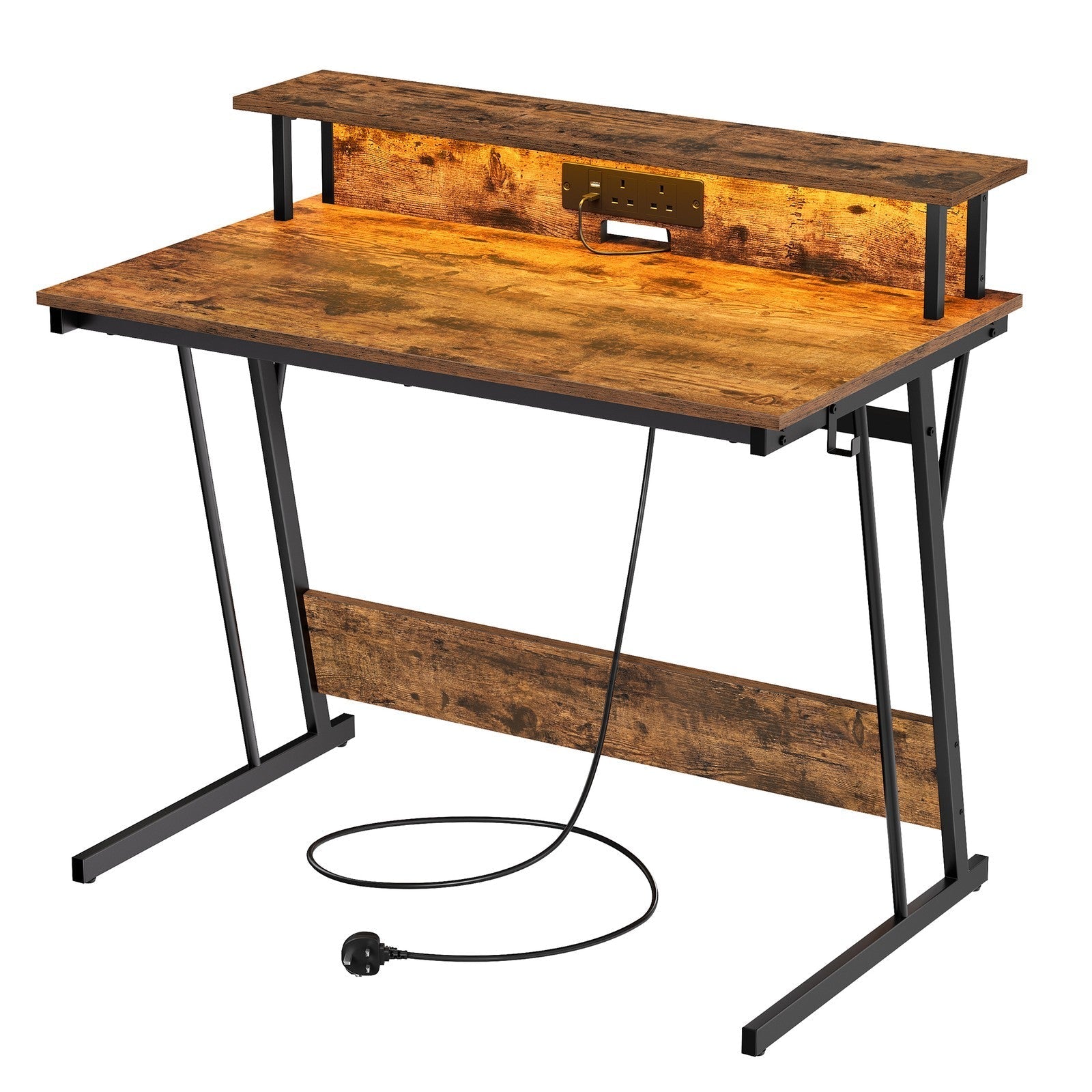 Gaming Desk - Wood - Black - Monitor Shelf and Built-In Power Outlets with LED Lights