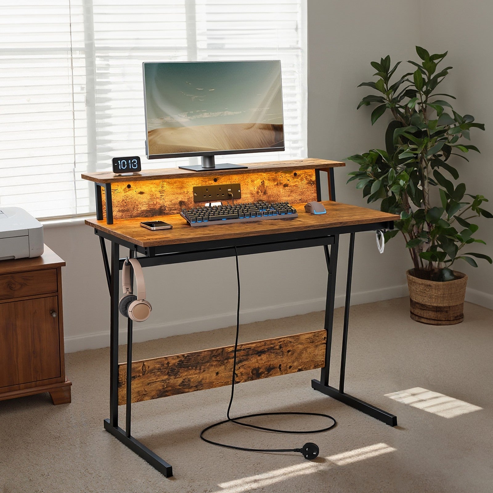 Gaming Desk - Wood - Black - Monitor Shelf and Built-In Power Outlets with LED Lights