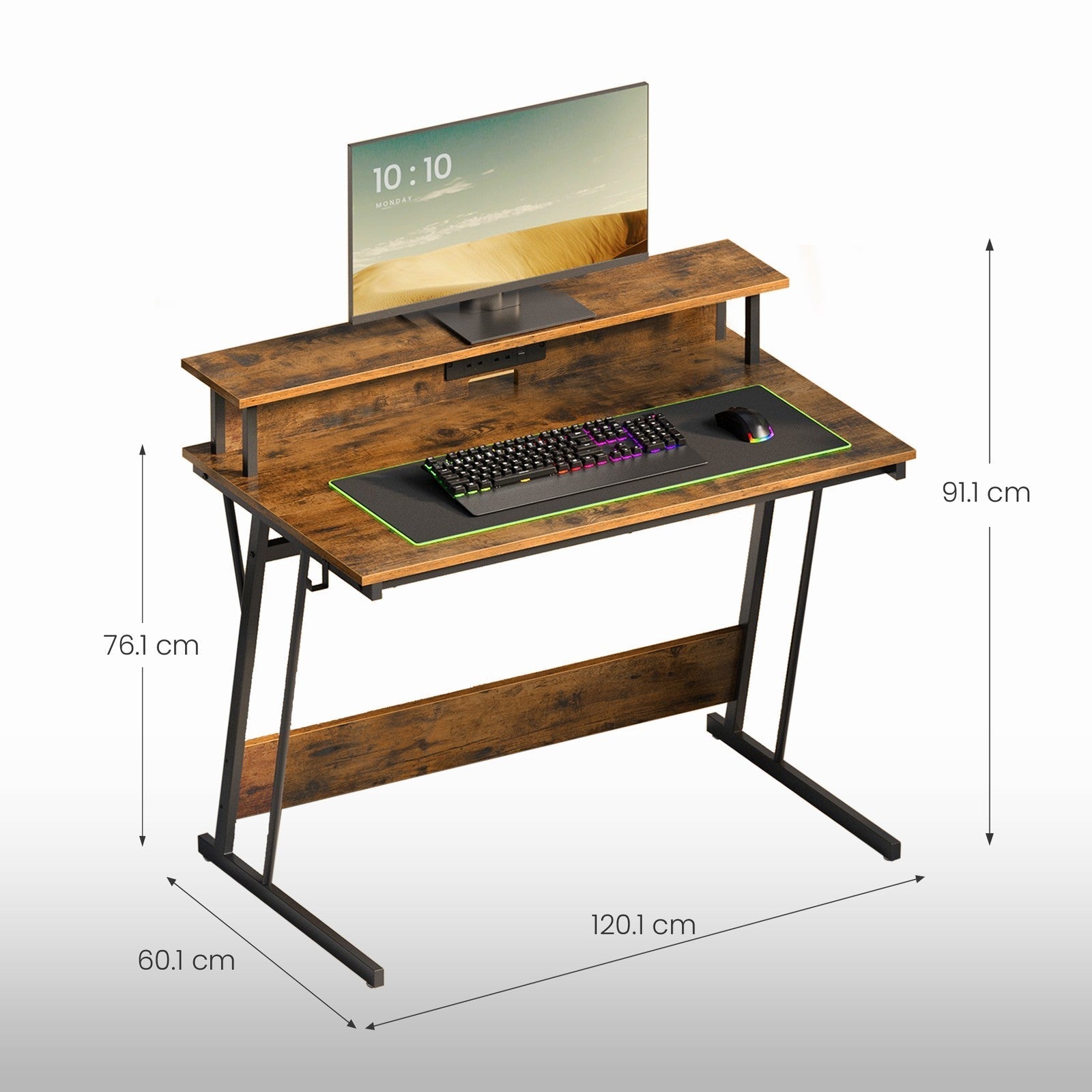 Gaming Desk - Wood - Black - Monitor Shelf and Built-In Power Outlets with LED Lights