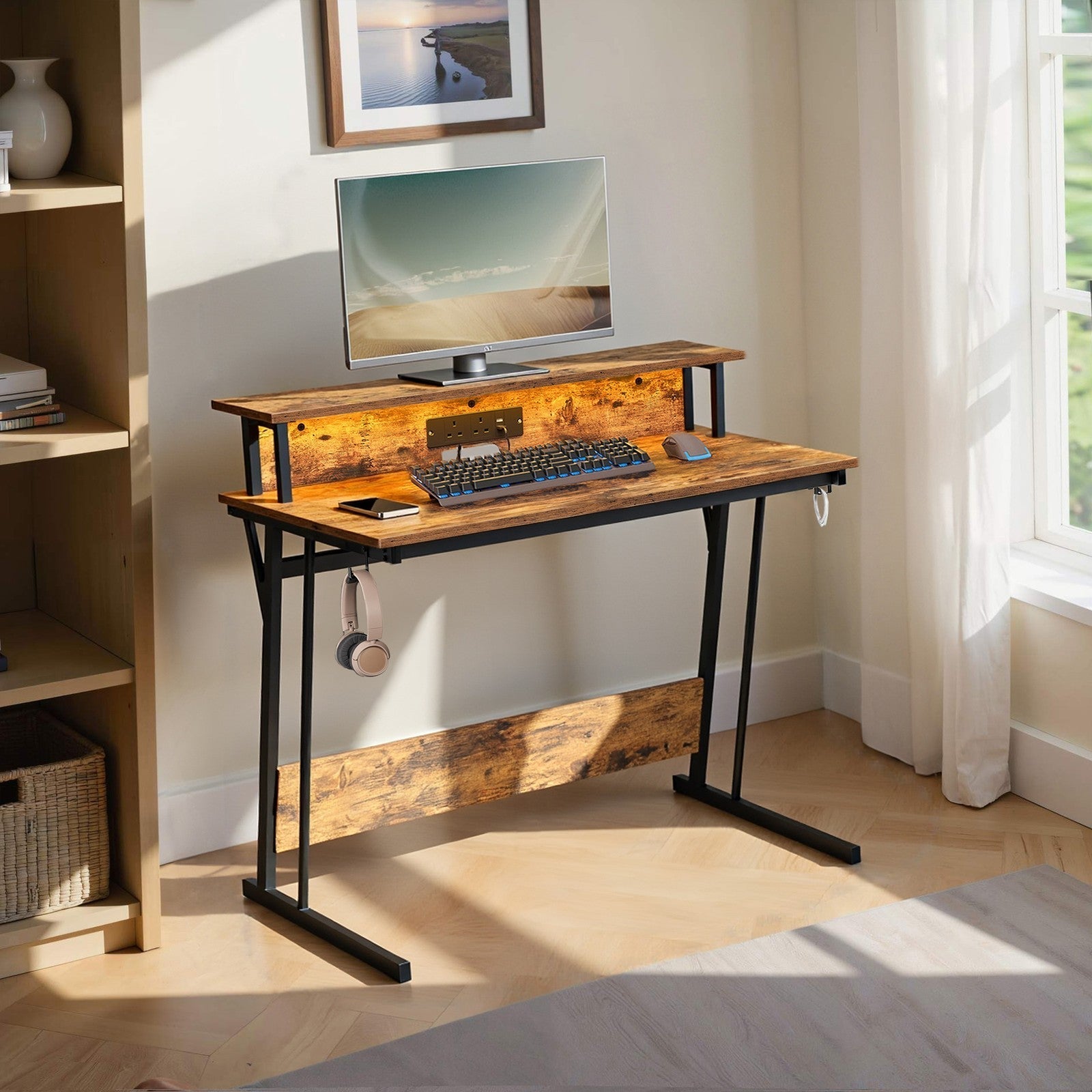 Gaming Desk - Wood - Black - Monitor Shelf and Built-In Power Outlets with LED Lights
