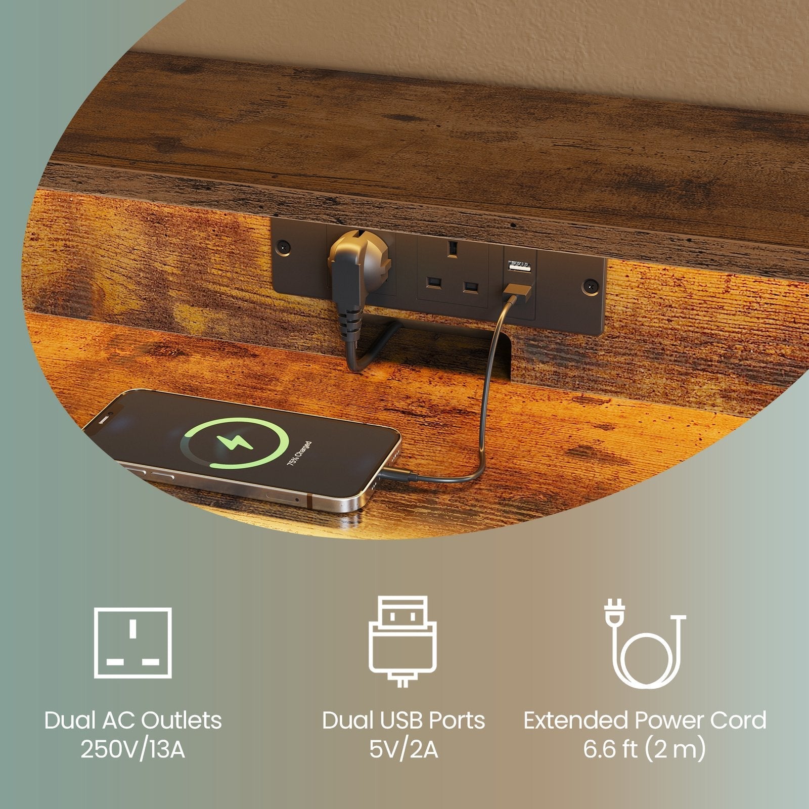 Gaming Desk - Wood - Black - Monitor Shelf and Built-In Power Outlets with LED Lights