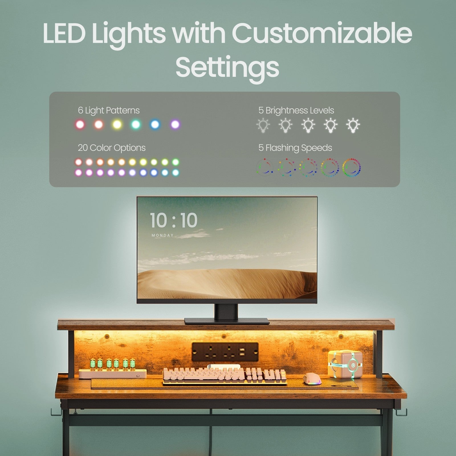 Gaming Desk - Wood - Black - Monitor Shelf and Built-In Power Outlets with LED Lights