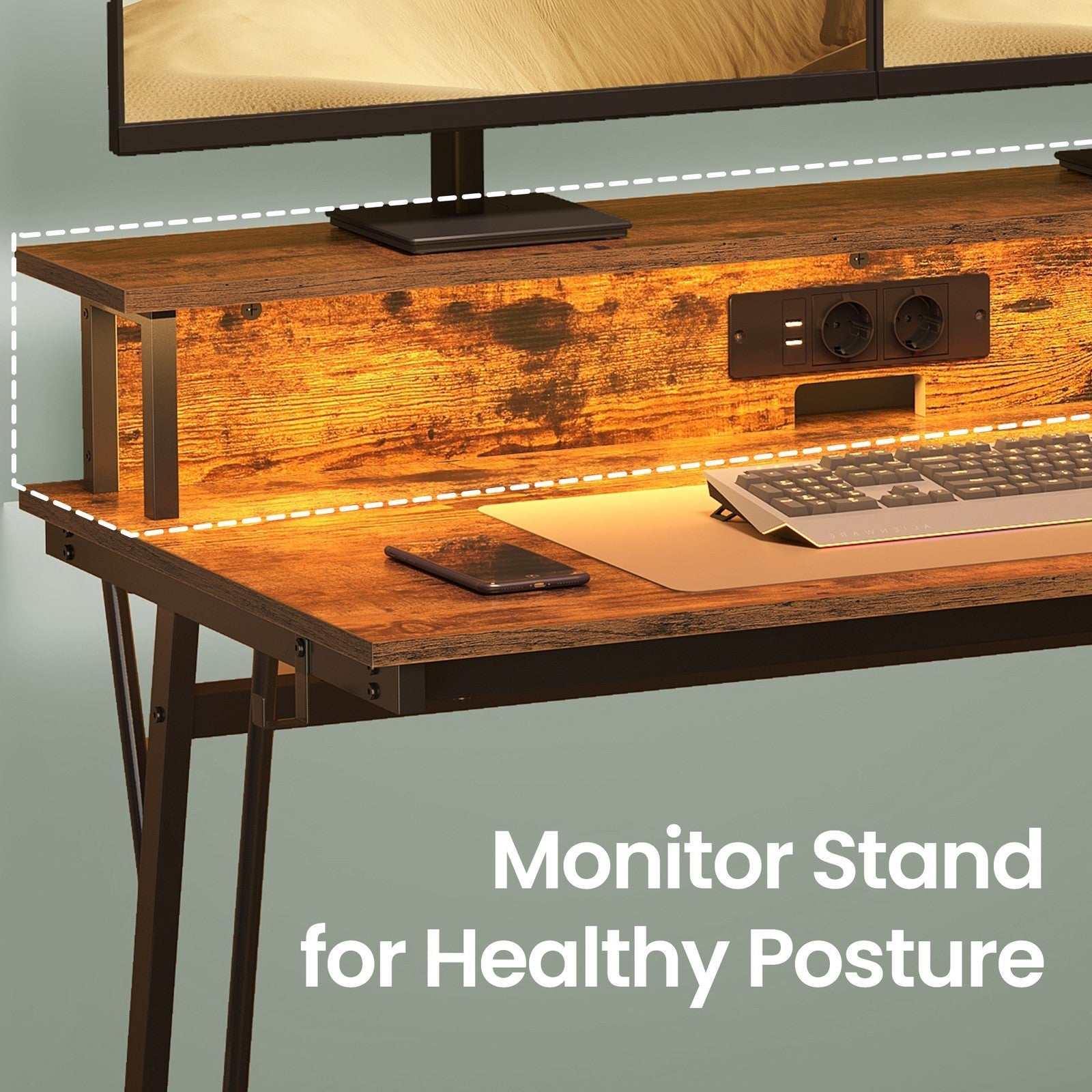 Gaming Desk - Wood - Black - Monitor Shelf and Built-In Power Outlets with LED Lights