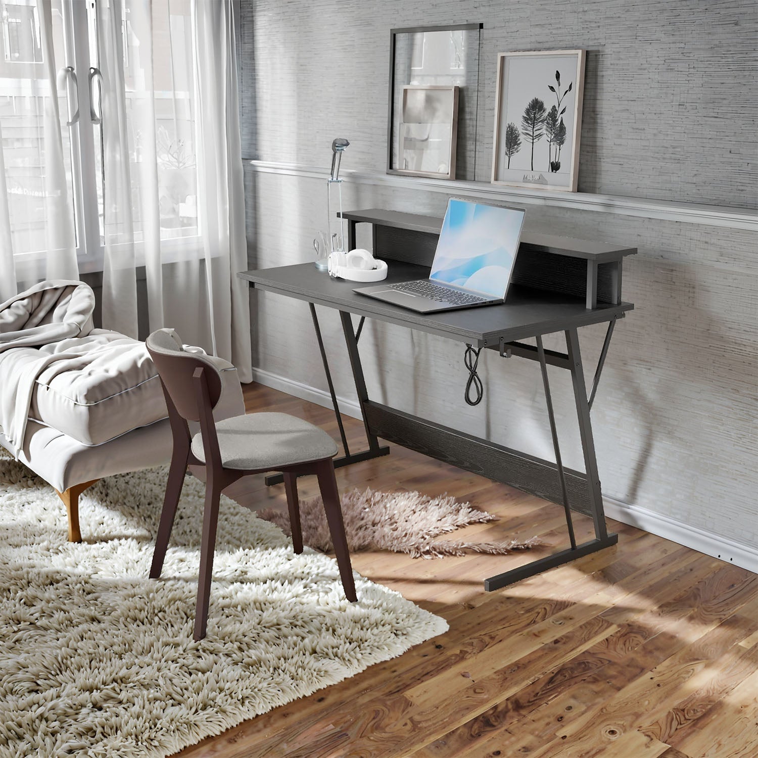 Gaming Desk - Engineered Wood - Black - Built-In Power Outlets and LED Lights with Monitor Shelf