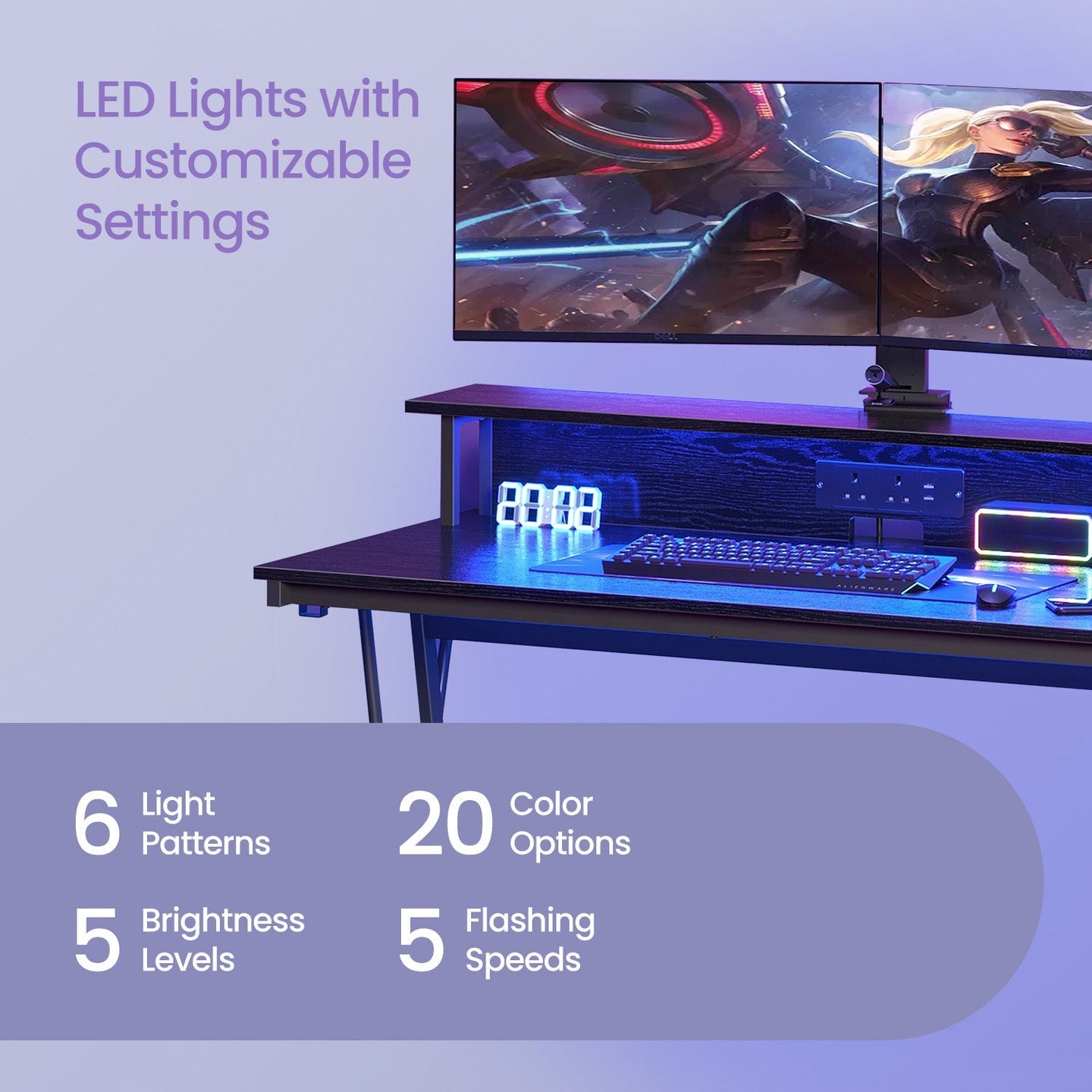 Gaming Desk - Engineered Wood - Black - Built-In Power Outlets and LED Lights with Monitor Shelf