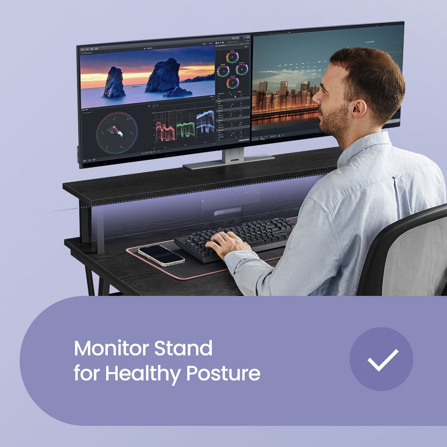 Gaming Desk - Engineered Wood - Black - Built-In Power Outlets and LED Lights with Monitor Shelf