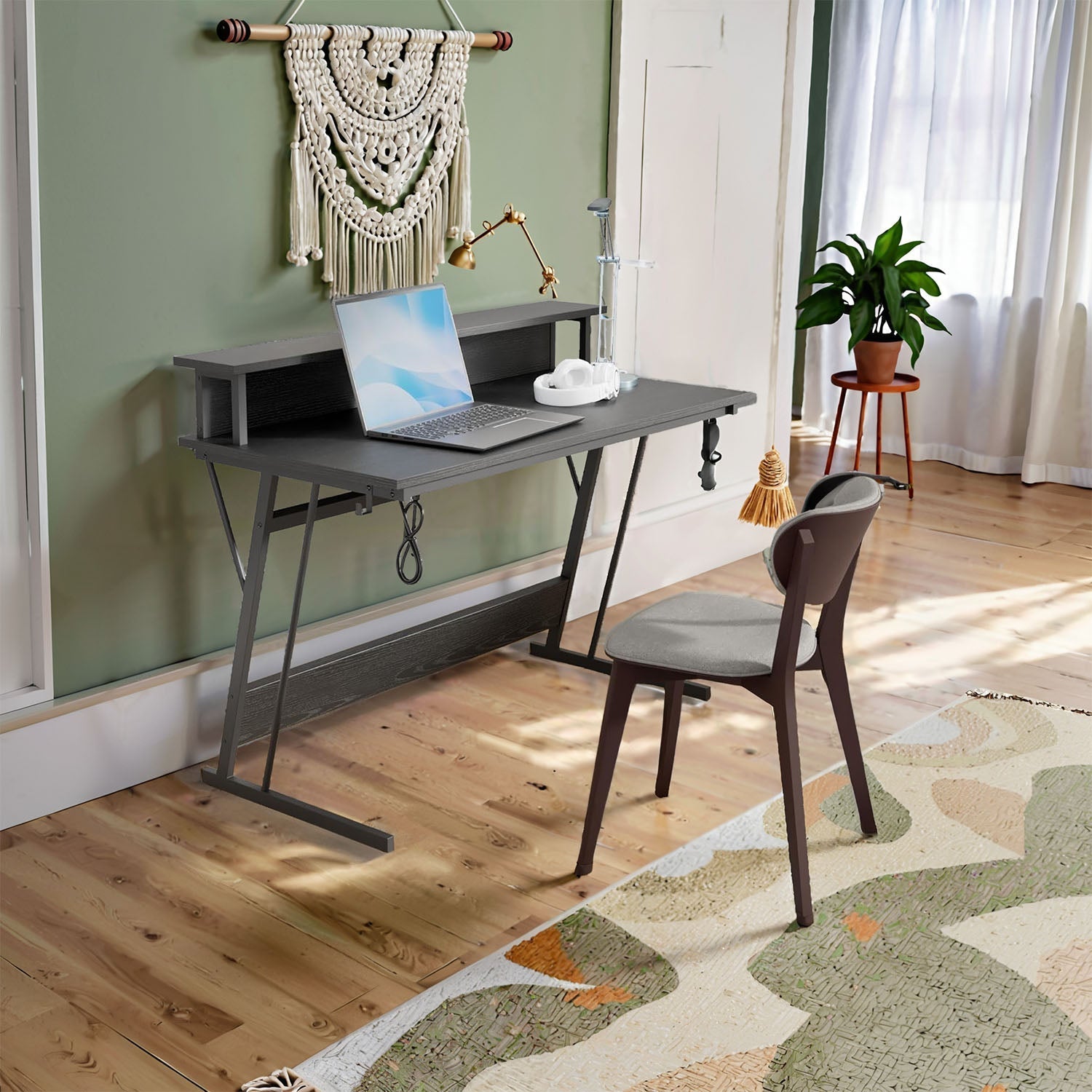 Gaming Desk - Engineered Wood - Black - Built-In Power Outlets and LED Lights with Monitor Shelf