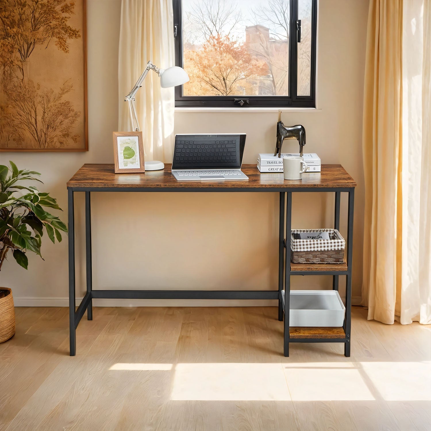 Writing Desk - Metal Frame - Rustic Brown and Black - Two Shelves for Versatile Storage