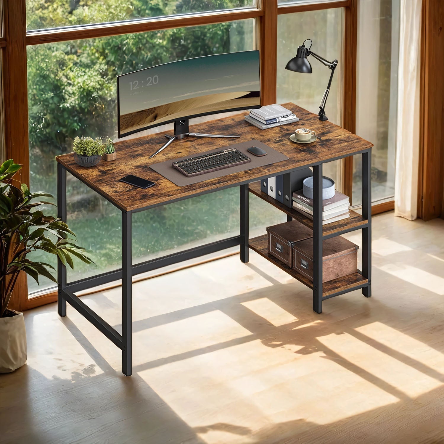 Writing Desk - Metal Frame - Rustic Brown and Black - Two Shelves for Versatile Storage