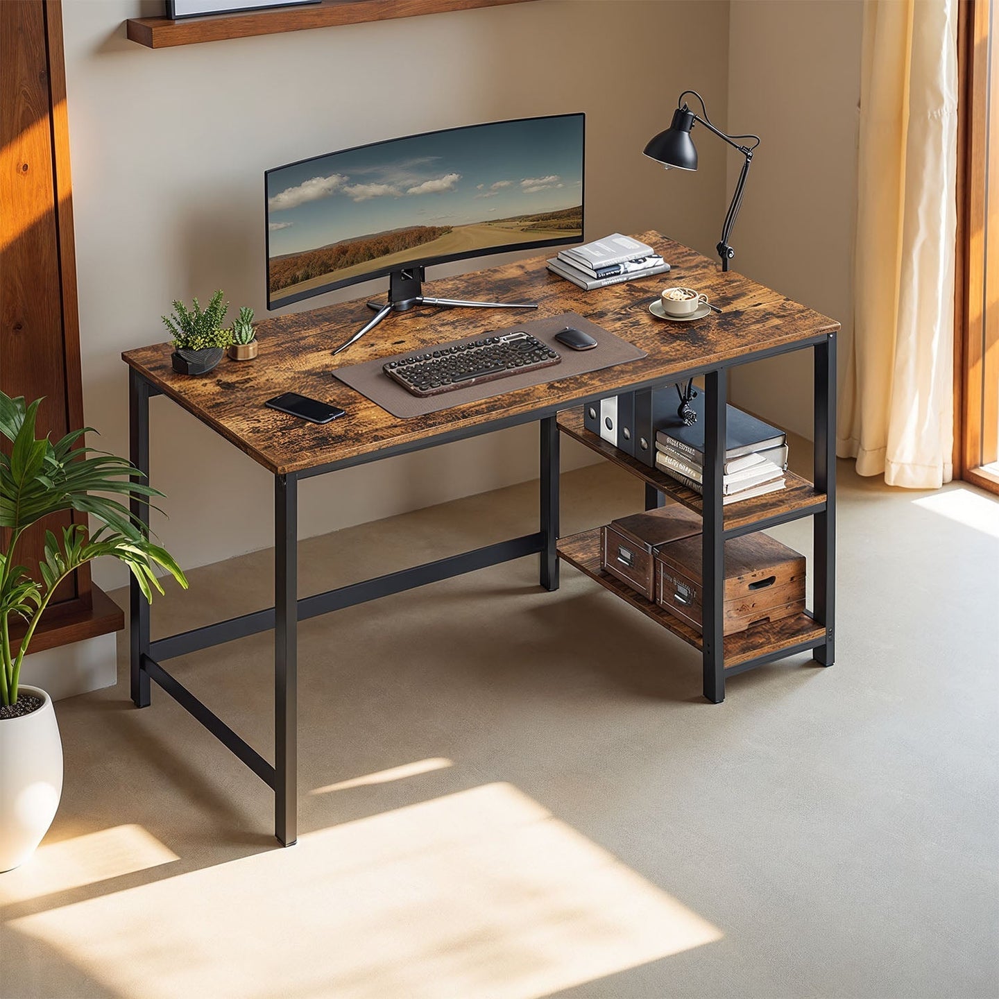 Writing Desk - Metal Frame - Rustic Brown and Black - Two Shelves for Versatile Storage